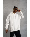 Erkek 3 İplik Pamuklu Kapüşonlu Cepli Düz Oversize Hoodie Sweatshirt - Beyaz