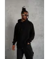 Erkek 3 İplik Pamuklu Kapüşonlu Cepli Düz Oversize Hoodie Sweatshirt - Siyah