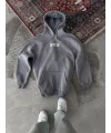 Erkek 3 İplik Pamuklu Kapüşonlu Kanguru Cepli Baskılı Oversize Hoodie Sweatshirt - Gri