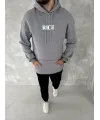 Erkek 3 İplik Pamuklu Kapüşonlu Kanguru Cepli Baskılı Oversize Hoodie Sweatshirt - Gri