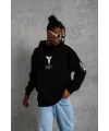 Erkek 3 İplik Pamuklu Kapüşonlu Kanguru Cepli Baskılı Oversize Hoodie Sweatshirt - Siyah
