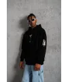 Erkek 3 İplik Pamuklu Kapüşonlu Kanguru Cepli Baskılı Oversize Hoodie Sweatshirt - Siyah
