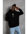 Erkek 3 İplik Pamuklu Kapüşonlu Kanguru Cepli Baskılı Oversize Hoodie Sweatshirt - Siyah