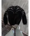 Erkek 3 iplik pamuklu Yıldırım Baskılı Bisiklet Yaka SweatShirt - Siyah