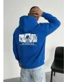 Erkek Baskılı Kapüşonlu Cepli Hoodie 3 İplik Pamuklu Sweatshirt - Saks Mavisi