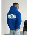 Erkek Baskılı Kapüşonlu Cepli Hoodie 3 İplik Pamuklu Sweatshirt - Saks Mavisi
