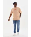 Erkek Baskılı T-Shirt Kısa Kol Bisiklet Yaka Rahat Kalıp Tişört  - Bej