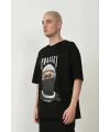 Erkek Baskılı T-Shirt Kısa Kol Bisiklet Yaka Rahat Kalıp Tişört - Siyah