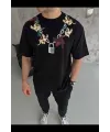 Erkek Baskılı T-Shirt Kısa Kol Bisiklet Yaka Regular Fit Rahat Tişört - Siyah
