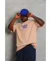 Erkek Baskılı Tişört Kısa Kol Bisiklet Yaka Oversize T-Shirt - Bej