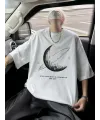 Erkek Baskılı Tişört Kısa Kol Bisiklet Yaka Oversize T-Shirt - Beyaz