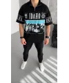 Erkek  Baskılı Yarım Fermuarlı  Kısa kol T-Shirt - Siyah