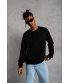 Erkek Bisiklet Yaka Baskılı 3 İplik Pamuklu Sweatshirt -  Siyah