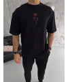 Erkek Bisiklet Yaka Baskılı Oversize  Kısa kol T-Shirt - Siyah