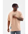 Erkek  Bisiklet Yaka Baskılı Oversize T-Shirt - Bej