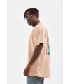 Erkek  Bisiklet Yaka Baskılı Oversize T-Shirt - Bej