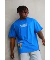 Erkek Bisiklet Yaka Baskılı Oversize T-Shirt - Mavi