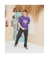 Erkek Bisiklet Yaka Tişört Nakış İşlemeli Kısa Kol Oversize T-Shirt - Mor