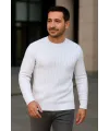 Erkek Bisiklet Yaka Triko Kazak Pamuklu Kalın Fitilli Dokuma Regular Fit - Beyaz