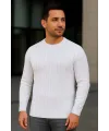 Erkek Bisiklet Yaka Triko Kazak Pamuklu Kalın Fitilli Dokuma Regular Fit - Beyaz