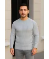 Erkek Bisiklet Yaka Triko Kazak Pamuklu Kalın Fitilli Dokuma Regular Fit - Gri