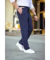 Erkek Cizgili Dokuma Krep Jogger Buggy Pantalon Rahat kalıp - Lacivert