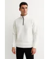 Erkek Dik Yaka Yarım Fermuarlı 3 İplik Pamuklu Sweatshirt - Beyaz