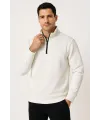 Erkek Dik Yaka Yarım Fermuarlı 3 İplik Pamuklu Sweatshirt - Beyaz