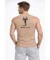 Erkek Fitilli Atlet Sıfır Yaka Slim Fit Arka Baskılı Spor Atlet - Bej