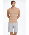 Erkek Fitilli Atlet Sıfır Yaka Slim Fit Arka Baskılı Spor Atlet - Bej