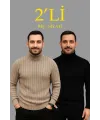 Erkek Fitilli Kazak Tam Boğazlı Balıkçı Yaka Triko 2li Set Bej-Siyah