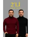 Erkek Fitilli Kazak Tam Boğazlı Balıkçı Yaka Triko 2li Set Bordo-Siyah