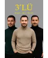 Erkek Fitilli Kazak Tam Boğazlı Balıkçı Yaka Triko 3lü Set  Bej-Haki-Siyah