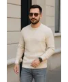 Erkek Fitilli Triko Bisiklet Yaka Kalın Kazak 3lü Set Bej-Bebek Mavisi-Siyah