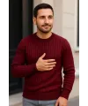 Erkek Fitilli Triko Bisiklet Yaka Kalın Kazak 3lü Set Beyaz-Bordo-Siyah