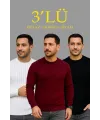 Erkek Fitilli Triko Bisiklet Yaka Kalın Kazak 3lü Set Beyaz-Bordo-Siyah