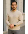 Erkek Fitilli Triko Kazak 2’li Set Bej Beyaz Kalın Dokuma Pamuklu Regular Fit Bisiklet