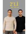 Erkek Fitilli Triko Kazak 2’li Set Bej Beyaz Kalın Dokuma Pamuklu Regular Fit Bisiklet