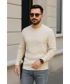Erkek Fitilli Triko Kazak 2’li Set Bej Beyaz Kalın Dokuma Pamuklu Regular Fit Bisiklet
