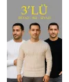 Erkek Fitilli Triko Kazak 3’lü Set Bej Beyaz Siyah | Kalın Dokuma Pamuklu Regular Fit