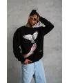 Erkek Güvercin Baskılı 3 iplik Bisiklet Yaka ipamuklu Sweatshirt - Siyah
