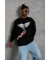 Erkek Güvercin Baskılı 3 iplik Bisiklet Yaka ipamuklu Sweatshirt - Siyah