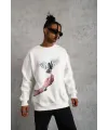 Erkek Güvercin Baskılı 3 iplik pamuklu Bisiklet Yaka Sweatshirt - Beyaz
