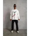 Erkek Güvercin Baskılı 3 iplik pamuklu Bisiklet Yaka Sweatshirt - Beyaz