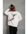 Erkek Güvercin Baskılı 3 iplik pamuklu Bisiklet Yaka Sweatshirt - Beyaz