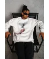 Erkek Güvercin Baskılı 3 iplik pamuklu Bisiklet Yaka Sweatshirt - Beyaz