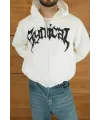 Erkek Kapüşonlu 3 İplik Şardonlu Önü Baskılı Fermuarlı Oversize Sweatshirt - Beyaz