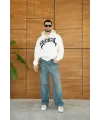 Erkek Kapüşonlu 3 İplik Şardonlu Önü Baskılı Fermuarlı Oversize Sweatshirt - Beyaz