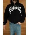 Erkek Kapüşonlu 3 İplik Şardonlu Önü Baskılı Fermuarlı Oversize Sweatshirt - Siyah