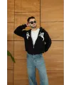 Erkek Kapüşonlu 3 İplik Şardonlu Önü Baskılı Fermuarlı Oversize Sweatshirt - Siyah